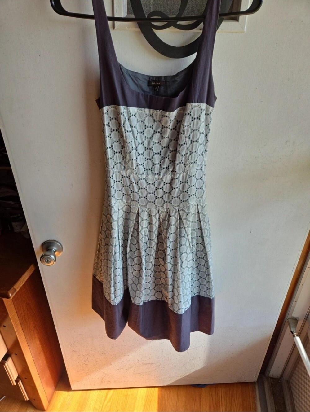 Tocca Sleeveless Lace Eyelet-Overlay Dress in Gray/Blue and White